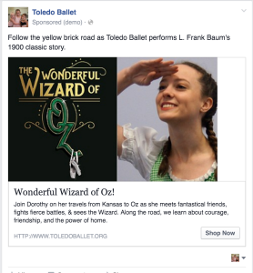 A screenshot of a Facebook ad for Toledo Ballet's The Wonderful Wizard of Oz