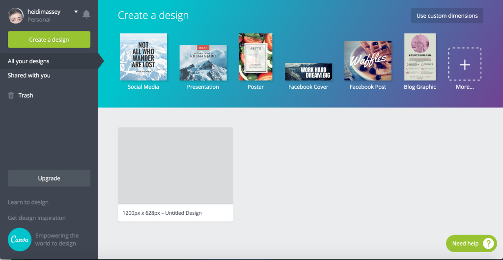 A screenshot of Canva before design has begun